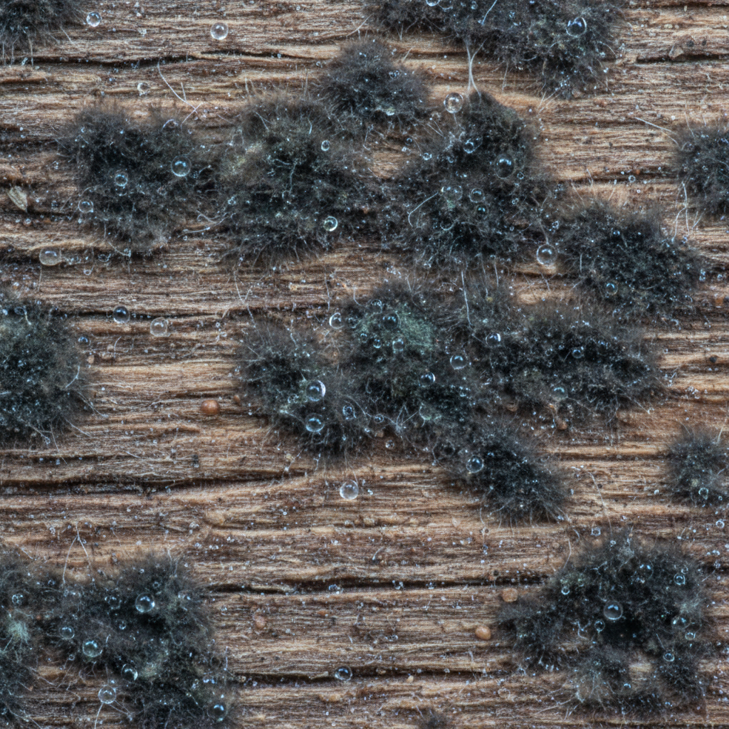 Macro detail of black mold colonies on wood grain showing moisture beading and hyphae texture for black mold on wood identification