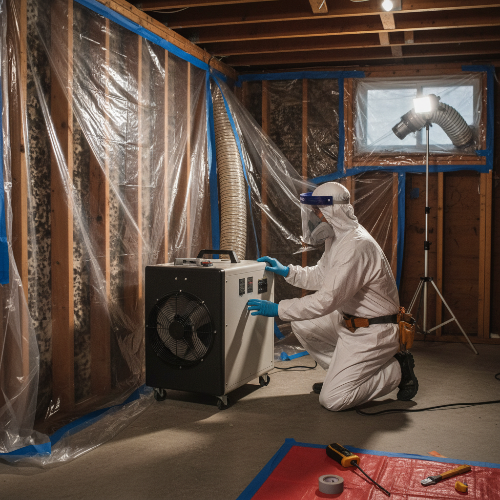 Technician in PPE setting up HEPA air scrubber and containment while treating black mold on wood framing in a finished basement
