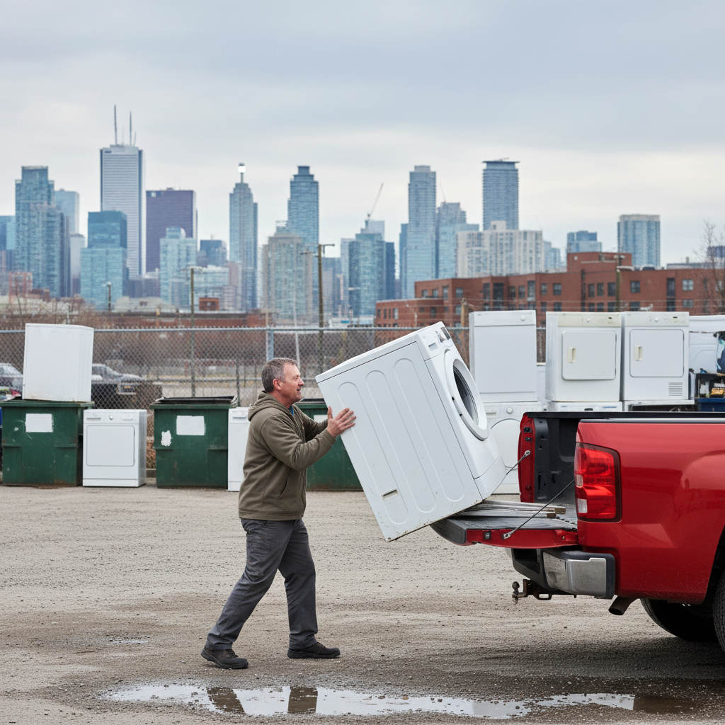 Homeowner loading a used washing machine for scrap drop-off at an Etobicoke recycling yard