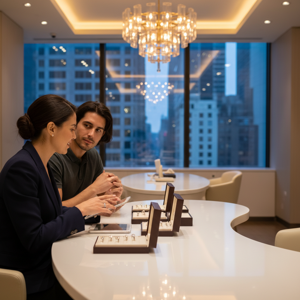 Couple meeting a diamond consultant in a Manhattan showroom to compare lab grown diamond ring settings side by side