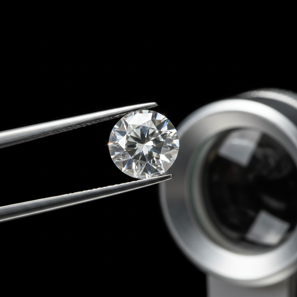 Close-up of a lab grown diamond under tweezers beside a loupe, illustrating cut and clarity checks at a lab grown diamond store