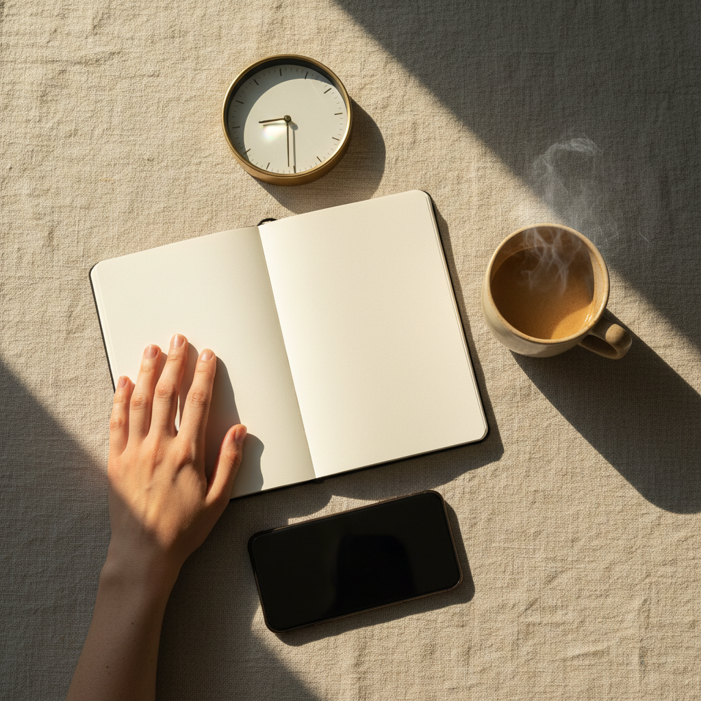 Top-down morning setup with notebook and clock to prepare a clear astrology question and timeframe