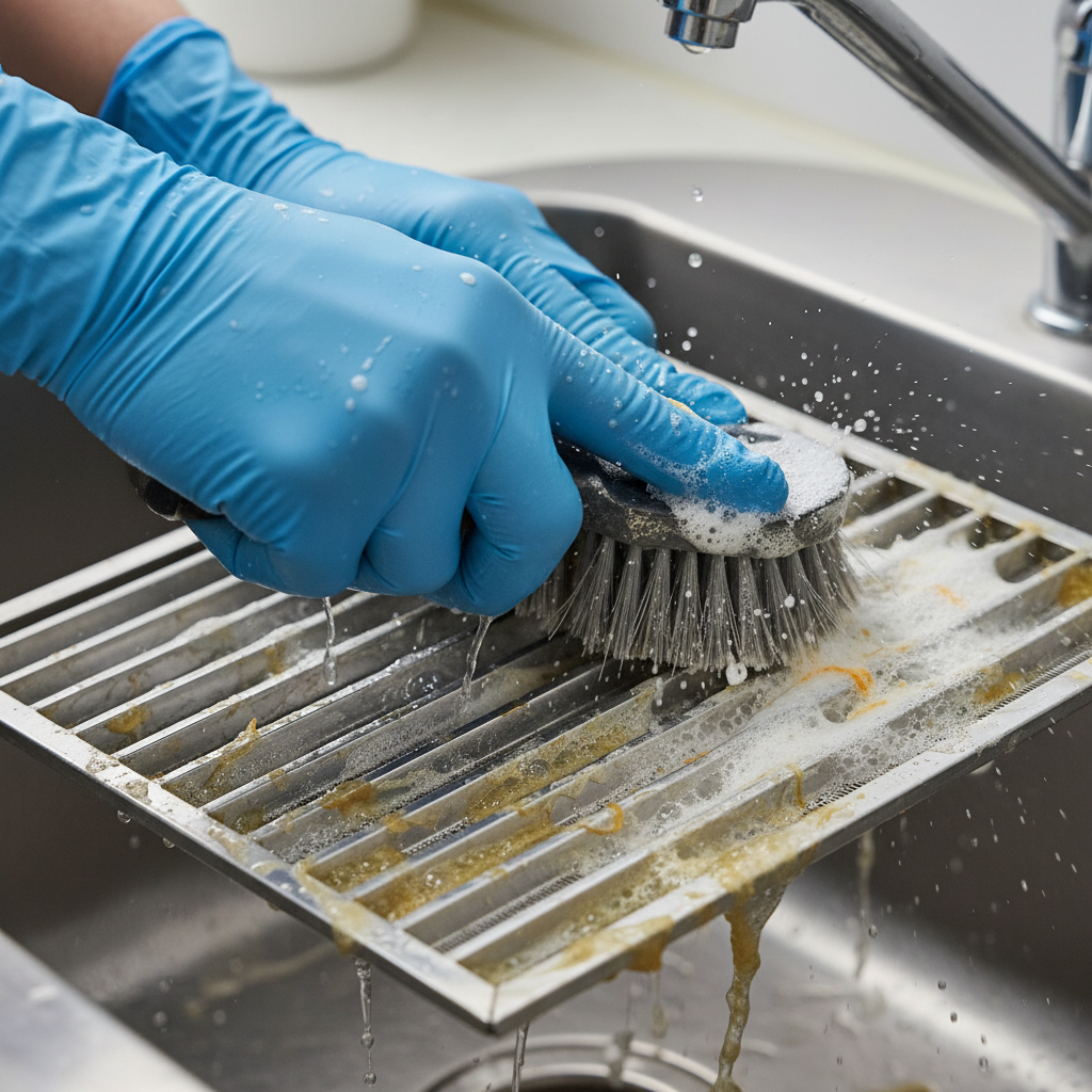 Close-up of a kitchen baffle filter being scrubbed during kitchen ventilation cleaning, showing degreaser dwell and agitation details