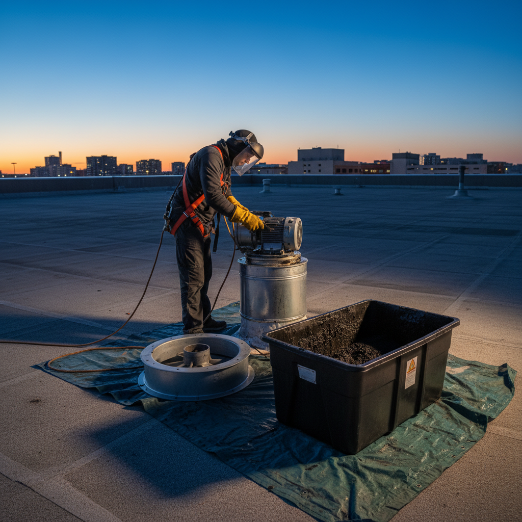 Rooftop upblast exhaust fan being safely dismantled and cleaned during ventilation maintenance, showing hinge kit and grease containment