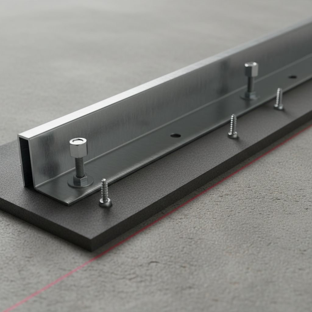 Close-up of steel bottom track (framing bottom plate) on gasket with anchors aligned to red chalk line on concrete slab