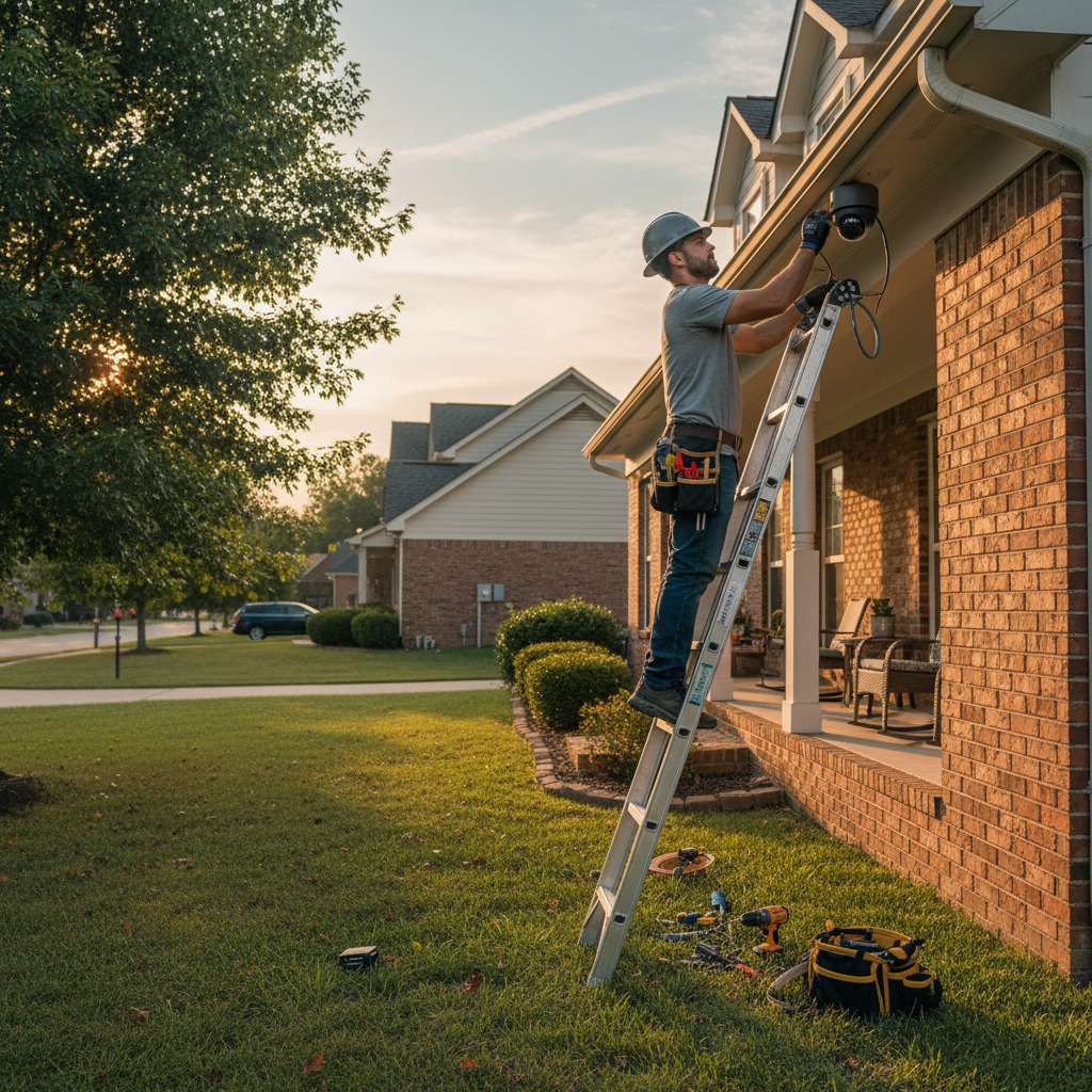 Licensed electrician mounting a weatherproof outdoor bullet camera during CCTV installation at a Tennessee home