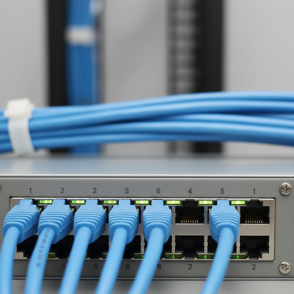 Close-up of PoE switch and Ethernet cabling for a CCTV security system network in a Tennessee commercial setting