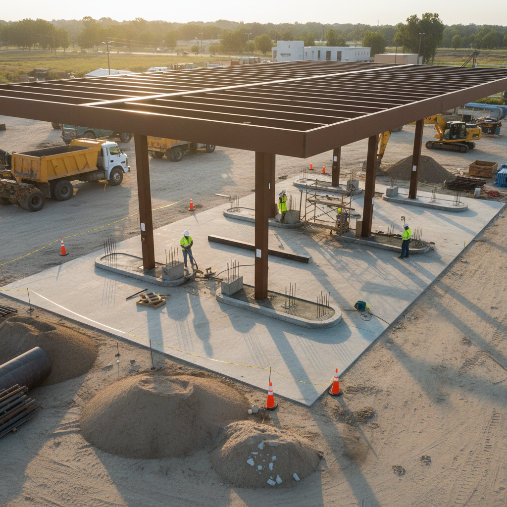 Gas station construction in Texas with canopy and pump islands coordinated from architecture and design plans