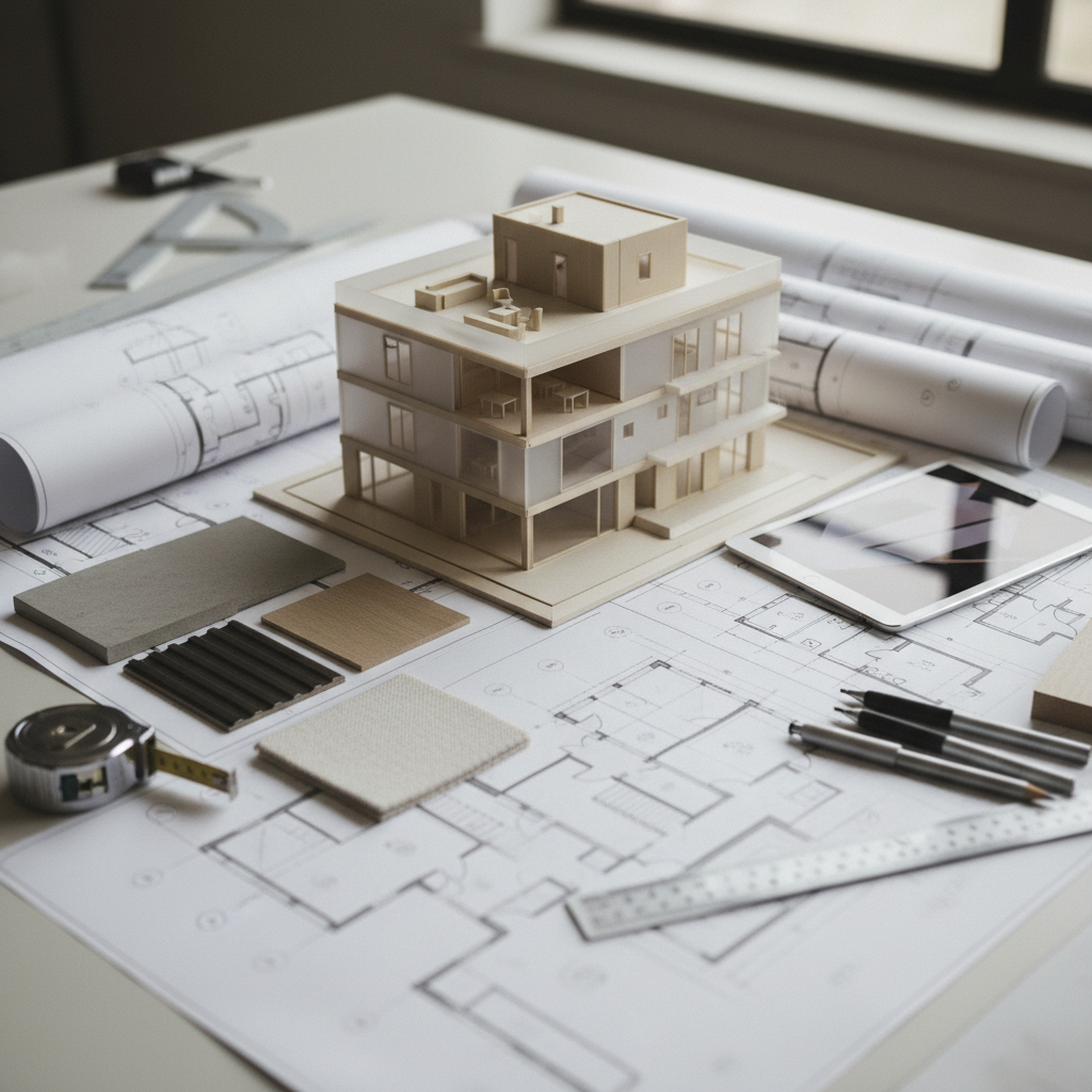 Close-up of architecture and design services: floor plans, material swatches, and scale model for Texas projects
