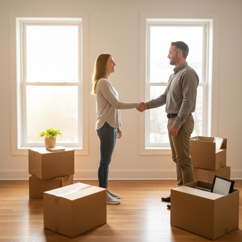 Prospective tenant shaking hands with a landlord during a bright apartment viewing in the GTA, illustrating real estate listings flow