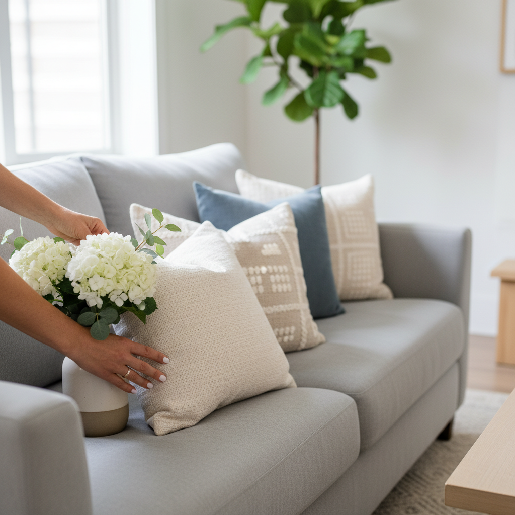Staging a living room for a standout property listing on Houseup with fresh flowers and neat pillows