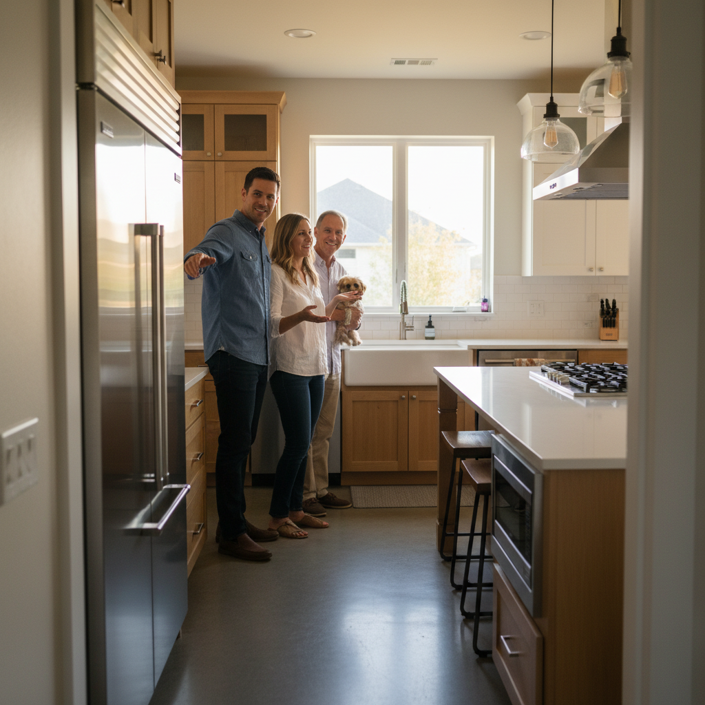 Prospective buyers touring a bright kitchen during a property viewing scheduled through Houseup