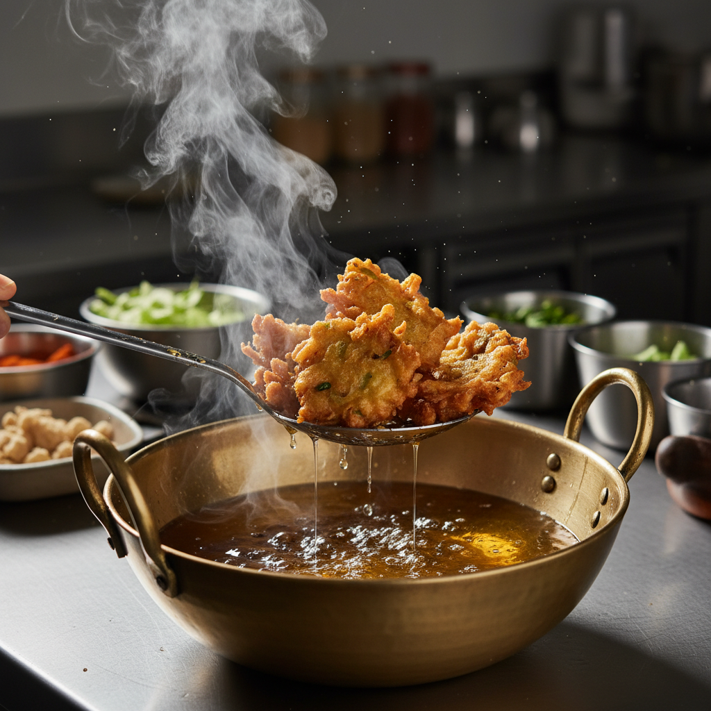 Side-angle action shot of freshly fried vegetable pakoras lifted from hot oil in a traditional kadhai with a slotted spoon
