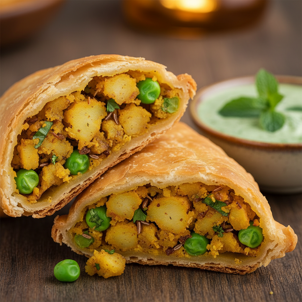 Close-up samosa cut open showing spiced potato and pea filling with flaky pastry crust beside mint chutney at The Mithai Maharaja