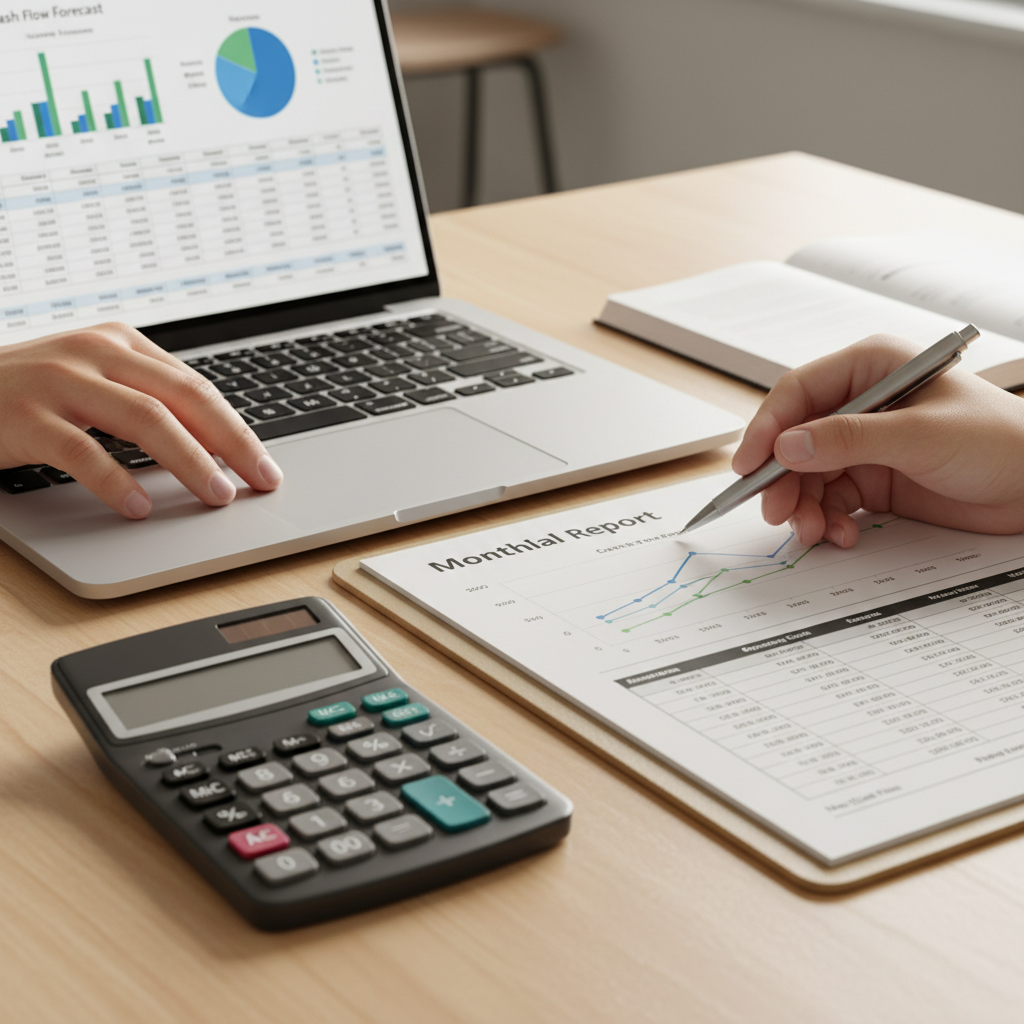Close-up of outsourced CFO services analyzing cash flow forecast on laptop with printed monthly report and calculator, showing board-ready financial insights