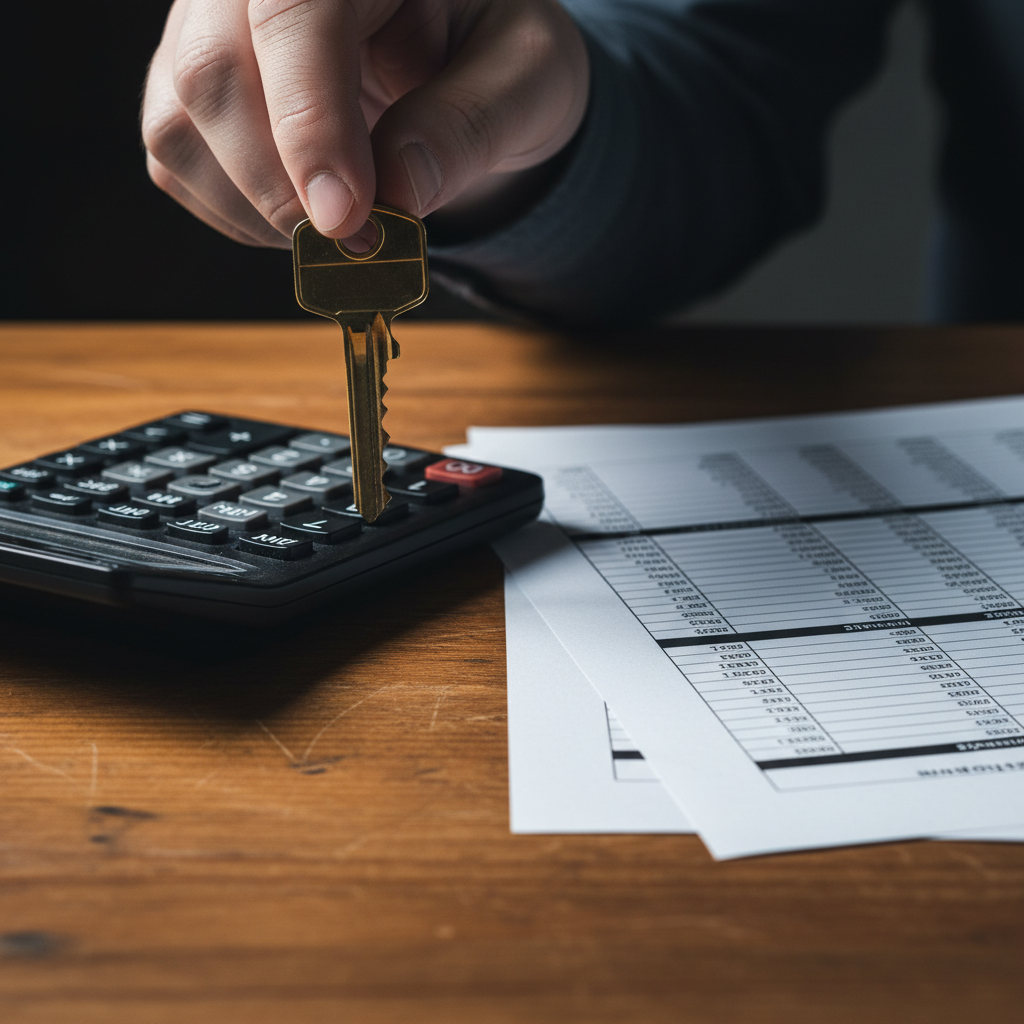 Close-up showing keys, calculator, and amortization papers illustrating fixed mortgage repayment planning with a locked rate