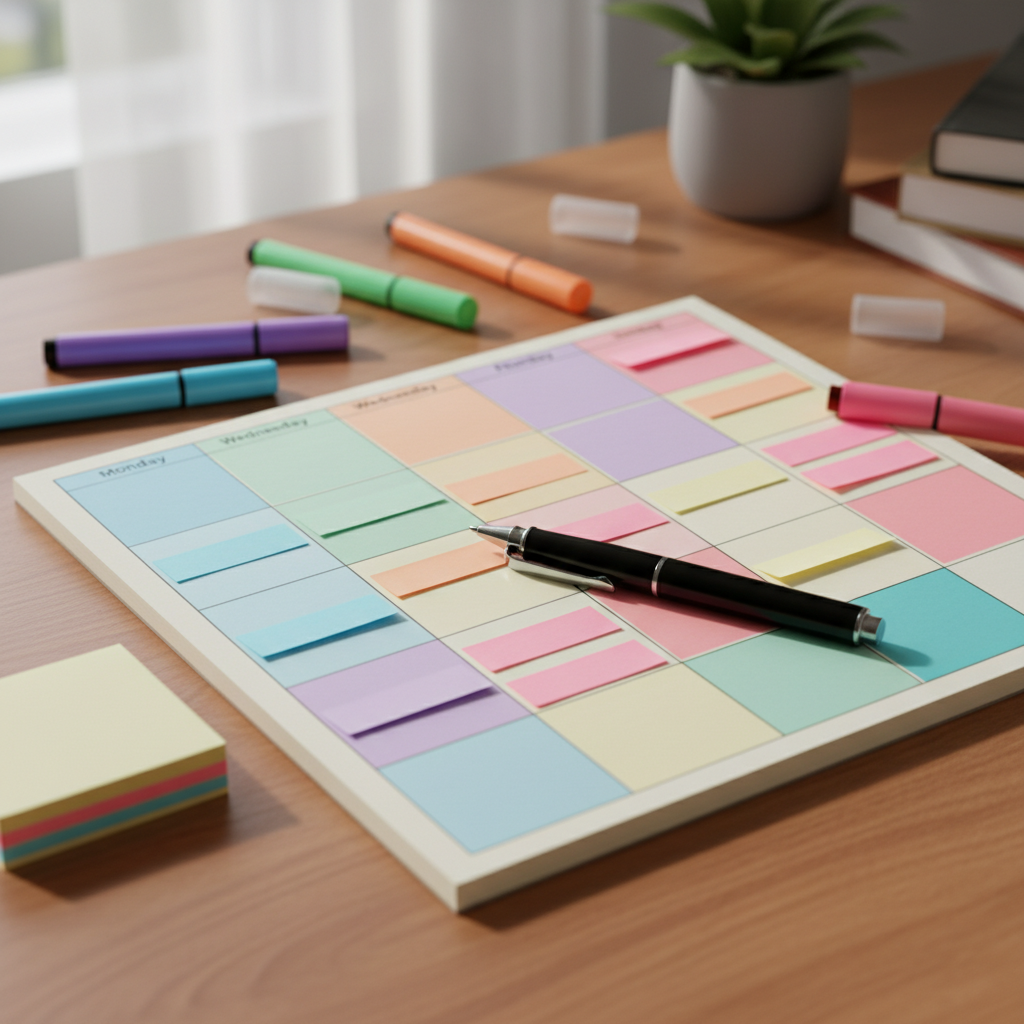 Color-coded ECBA exam study plan weekly planner with highlighters and sticky notes