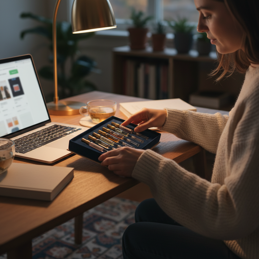 Lifestyle scene opening a discovery set of perfume samples at home before holiday gifting during a Black Friday perfume sale