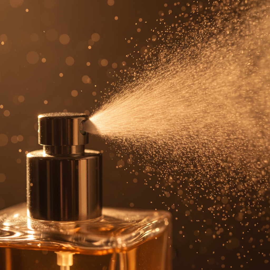 Close-up of a perfume atomizer spraying fine mist, illustrating long-lasting perfumes and application technique for Black Friday fragrance deals