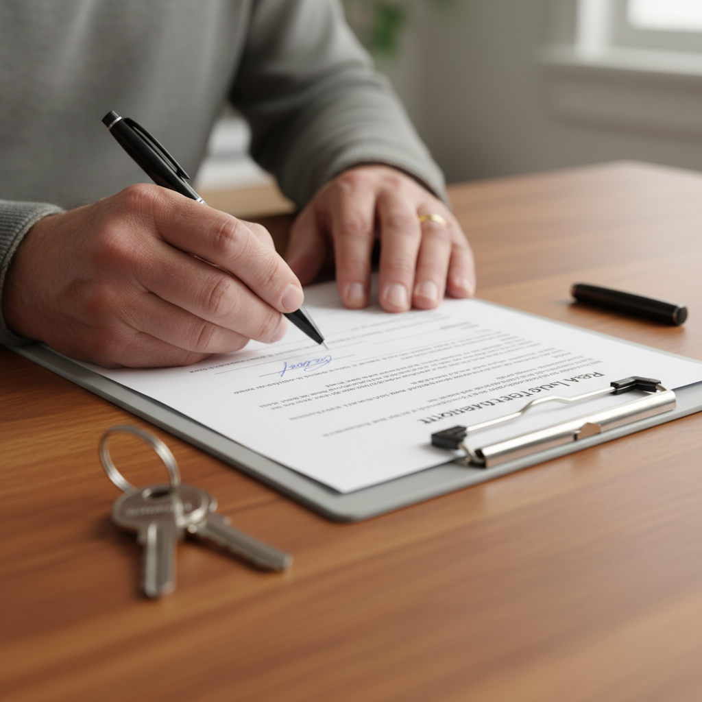 Close-up of a Brampton home seller signing a listing agreement as part of a home selling checklist, with house keys and pen on table