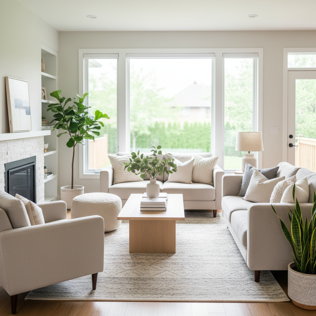 Professionally staged Brampton living room showing light, flow, and neutral decor for a strong home selling launch
