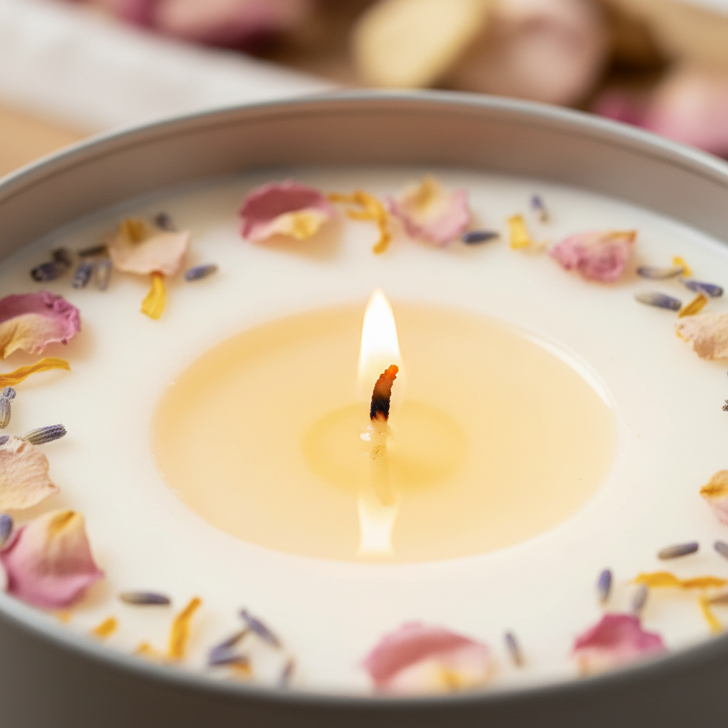 Close-up of a clean-burning soy, coconut, and apricot wax candle—detail shot for seasonal candle gift ideas