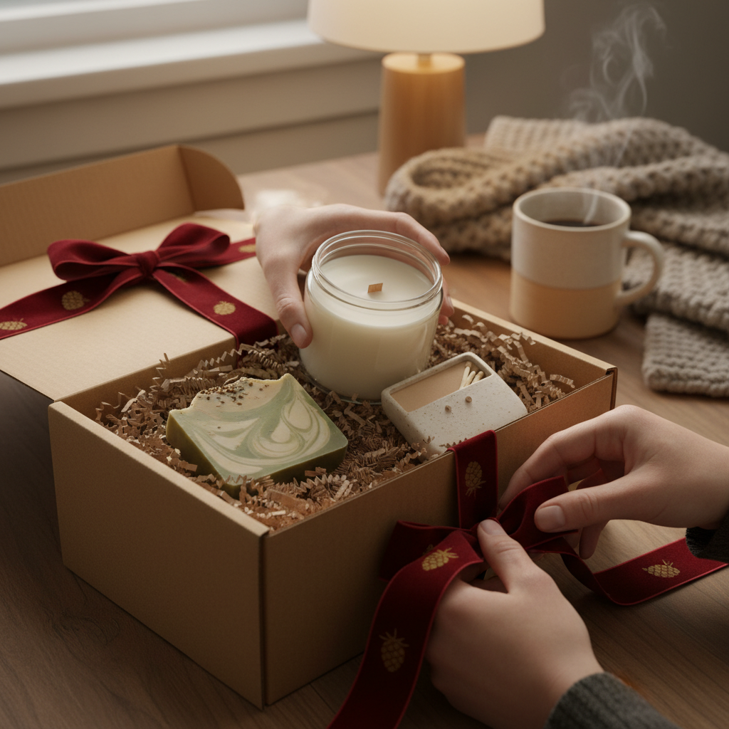 Hands assembling a seasonal candle gift box with 8 oz candle, handmade soap, and a custom ceramic matchbox