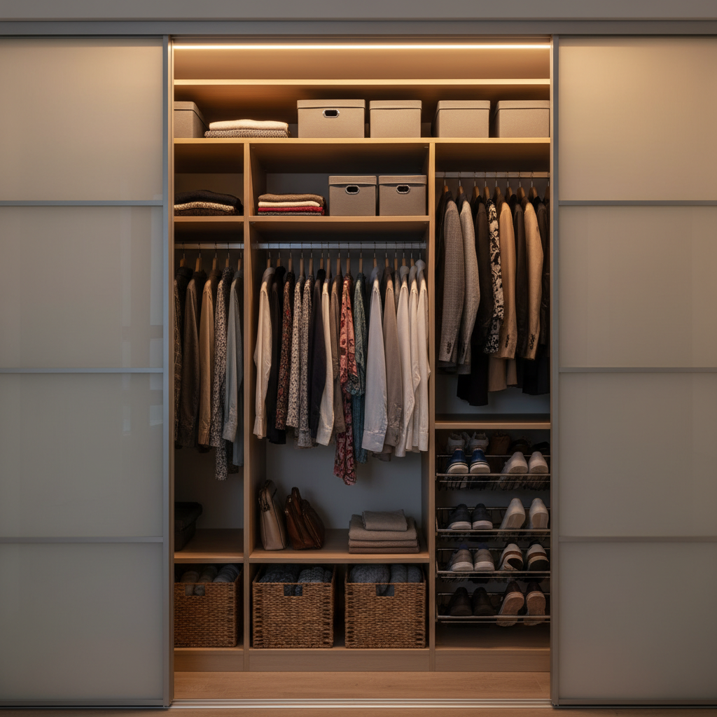 Custom Closets: Save Space & Cut Daily Clutter in 2026 2 Compact reach-in condo closet with adjustable shelves, double-hang sections, and pull-out shoe racks