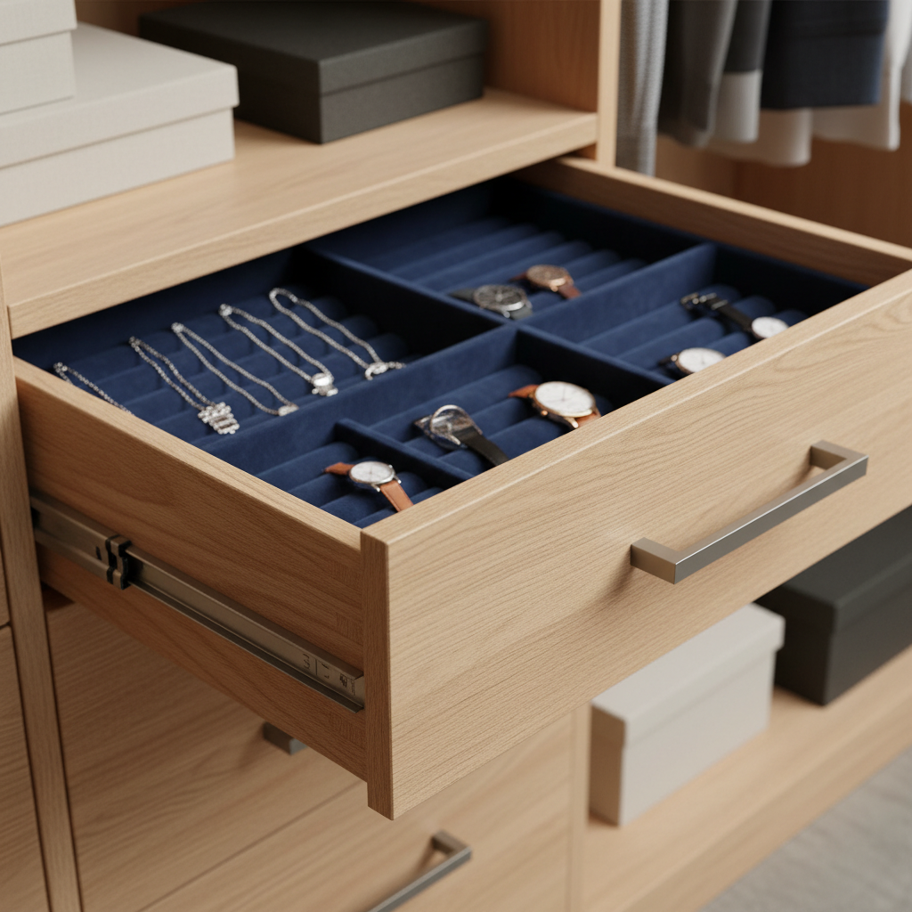 Custom Closets: Save Space & Cut Daily Clutter in 2026 1 Close-up of custom closet drawer with velvet organizer and brushed nickel handles in a factory-finished system