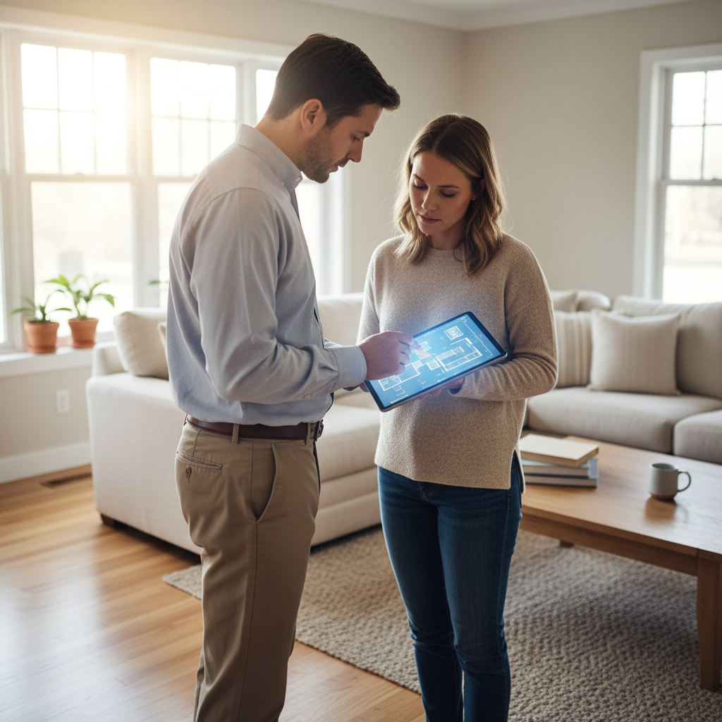 Home inspector reviewing digital floor plan with homeowner to explain residential home inspection findings and report value in the GTA