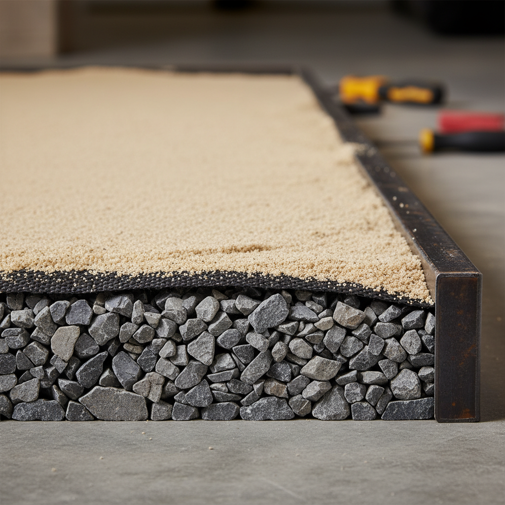 Layered hardscape base preparation close-up for stone feature installation planning showing geotextile, compacted gravel, and bedding layers
