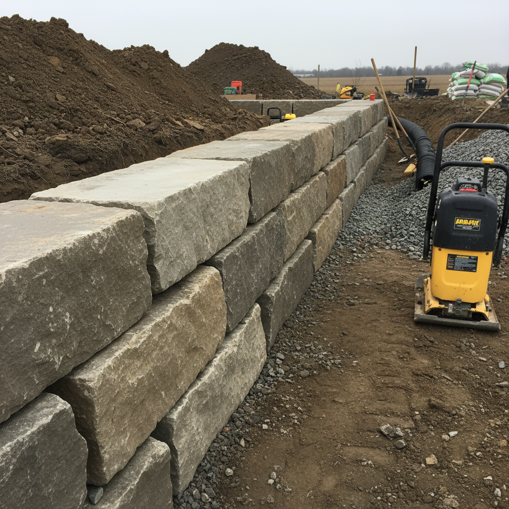 Retaining wall installation in progress with armor stone blocks, level tool, and drainage stone visible for a Mississauga project