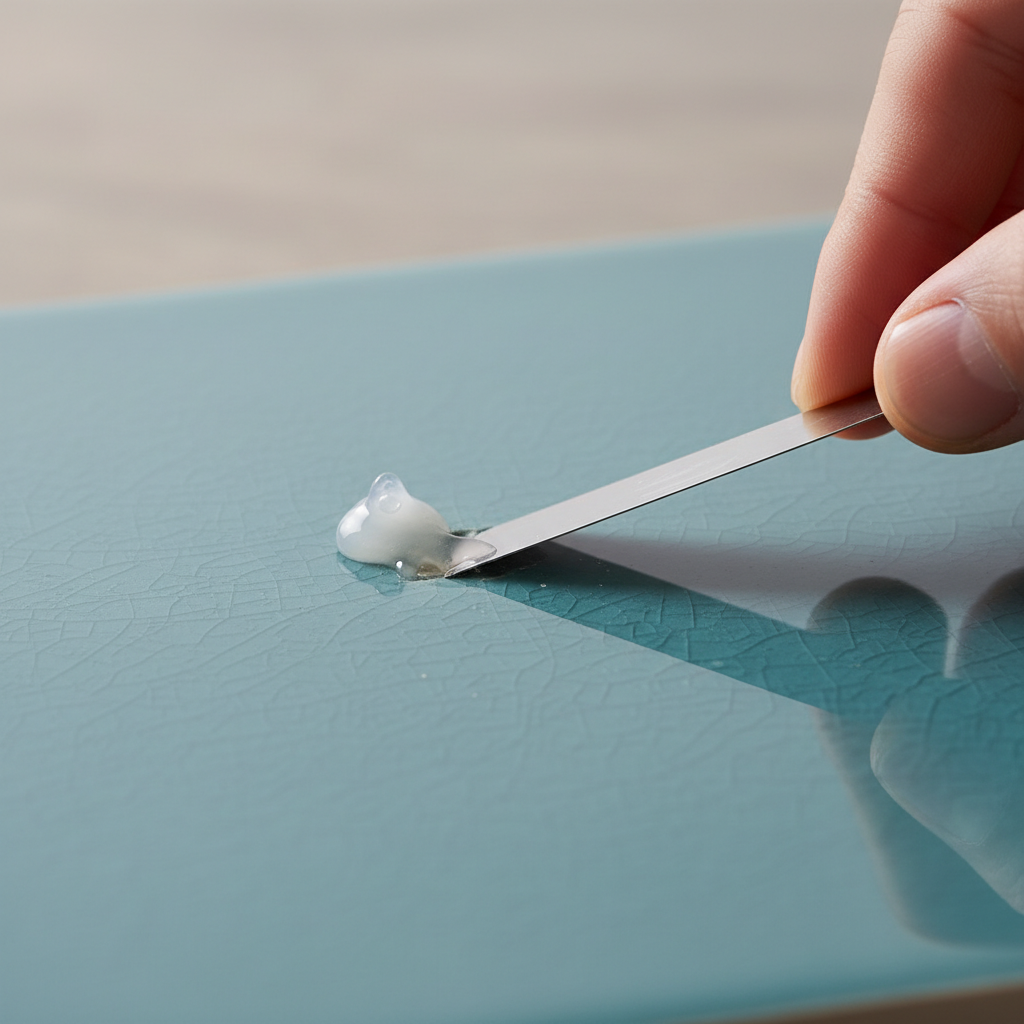 Close-up tile repair: filling a small chip with color-matched epoxy for tile repair in Dubai