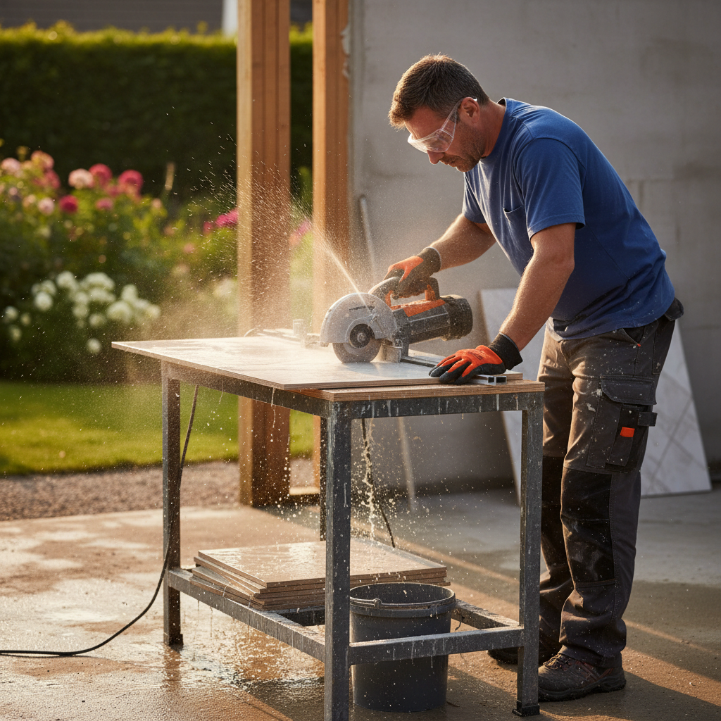 Wet tile saw cutting a porcelain replacement tile with water spray during a professional tile repair in Dubai