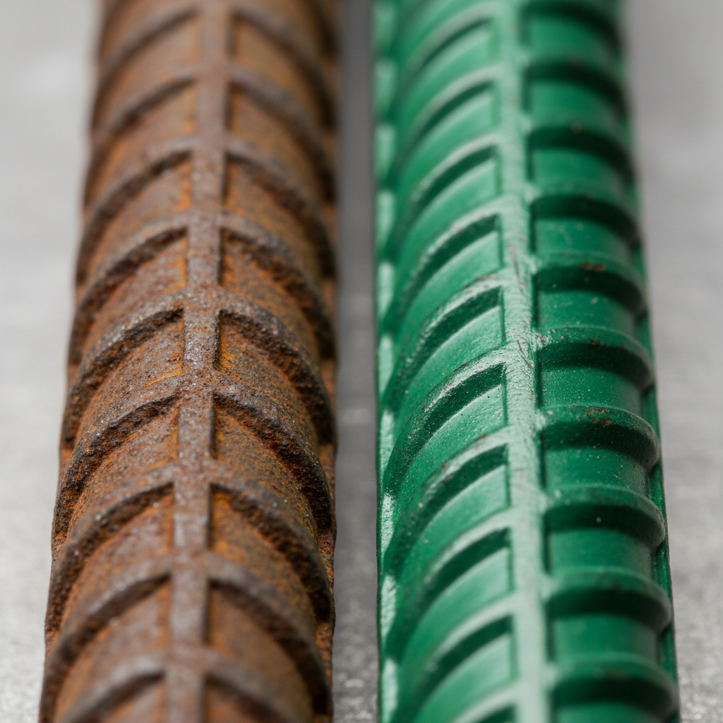 Macro detail of ASTM A706 deformed bar and epoxy-coated rebar texture, showing weldable ribs and protective coating