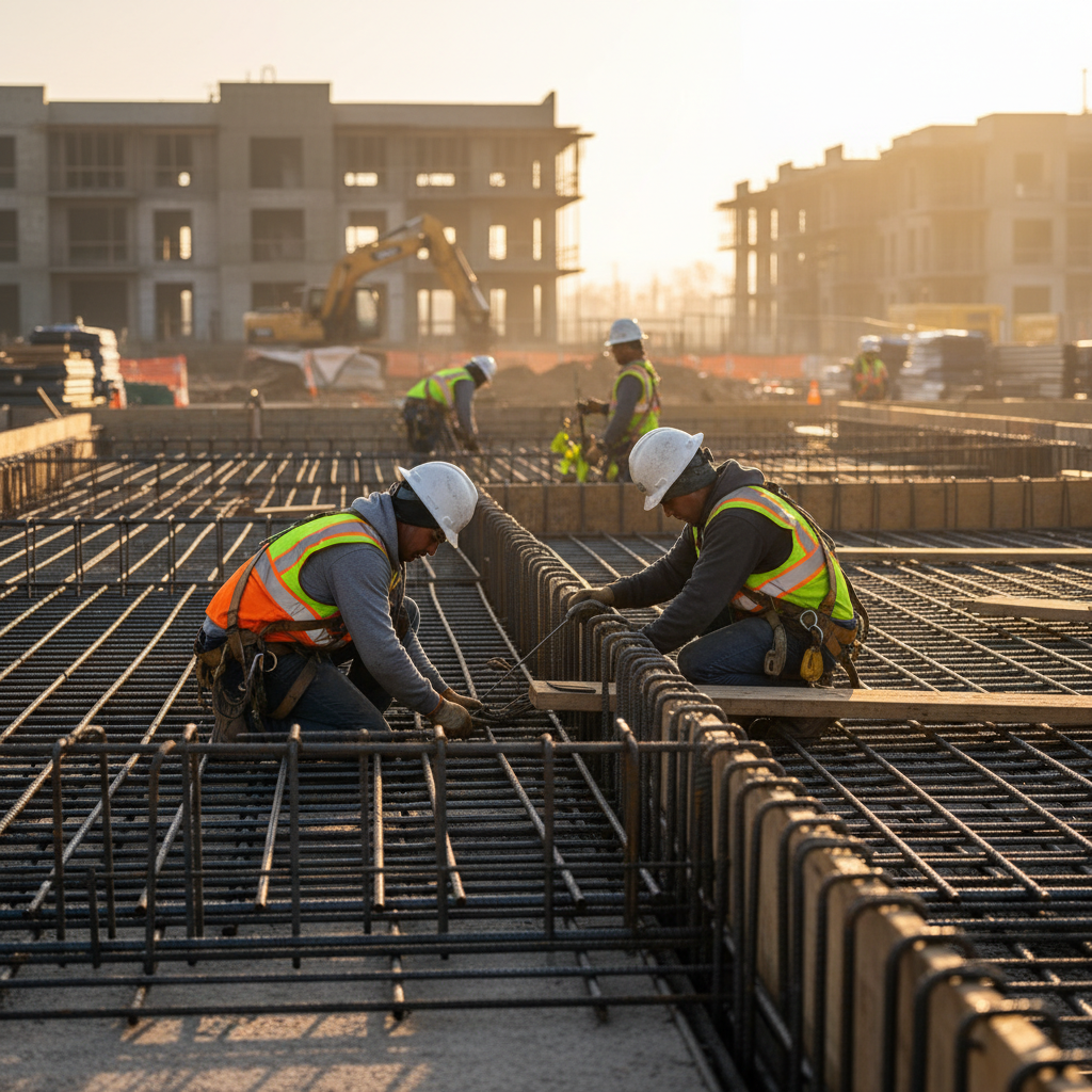 Ironworkers tying an ASTM A706 reinforcing cage at a commercial footing in early morning light, GTA jobsite scene