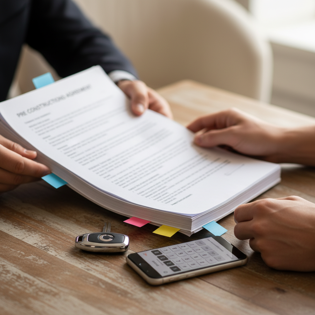 Detail view of a buyer using a pre-construction condo checklist with agreement pages and calculator