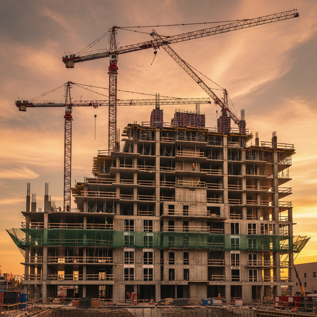 New condo building under construction at golden hour, illustrating pre-construction checklist stages