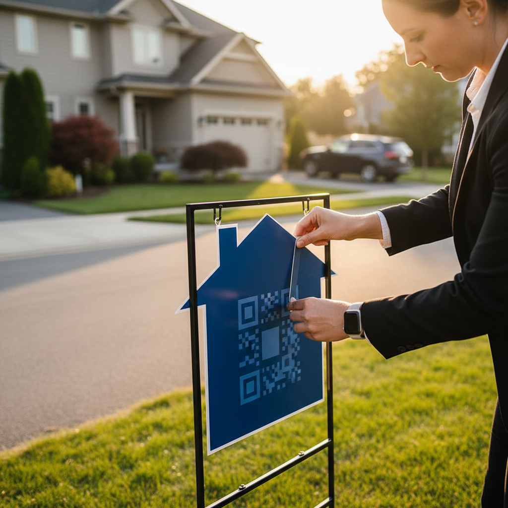 Agent applying a house-shaped QR sticker to a metal yard sign frame during golden hour, illustrating outdoor realtor branding stickers in action