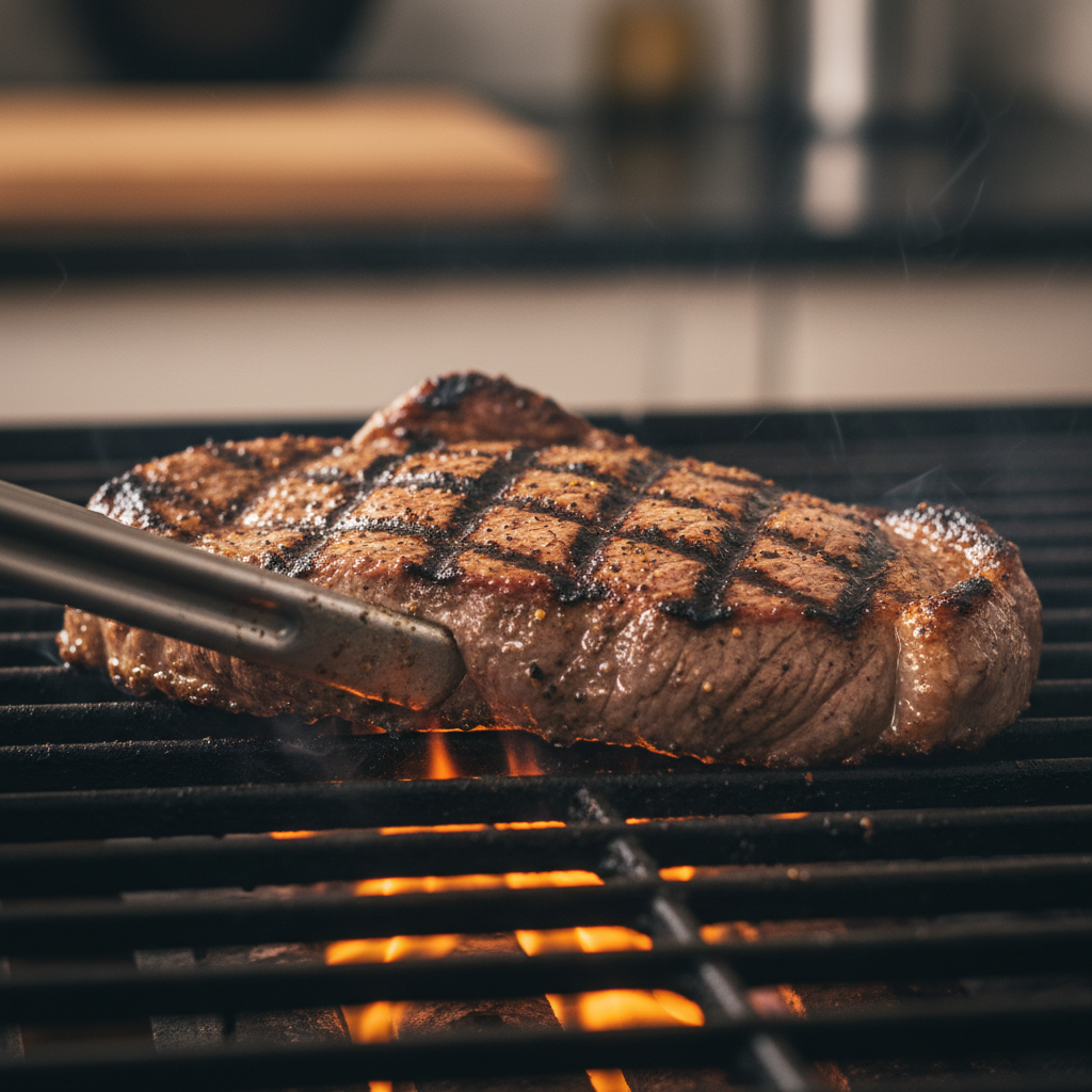 Close-up of carne asada on the grill with char marks, showing Mexican grill technique for family dinners in Toronto