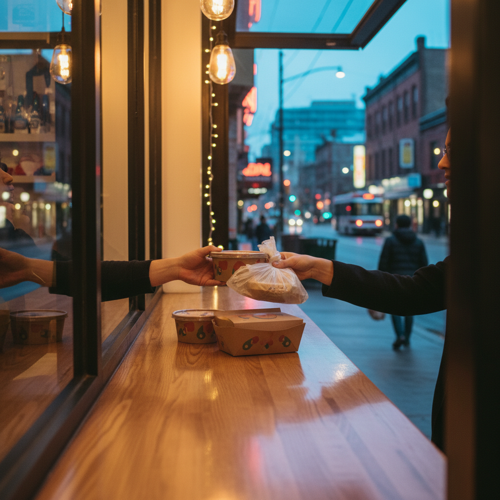 Takeout handoff at a Mexican grill near Queen Street West in Toronto, ideal for family dinners on busy nights