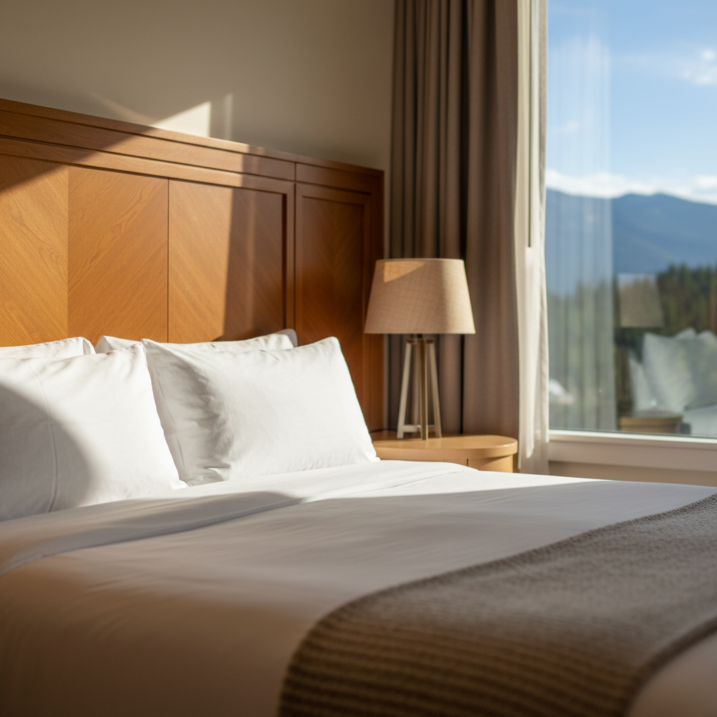 Renovated family inn guest room in North Conway with warm bedding and a mountain-view window at Briarcliff Motel