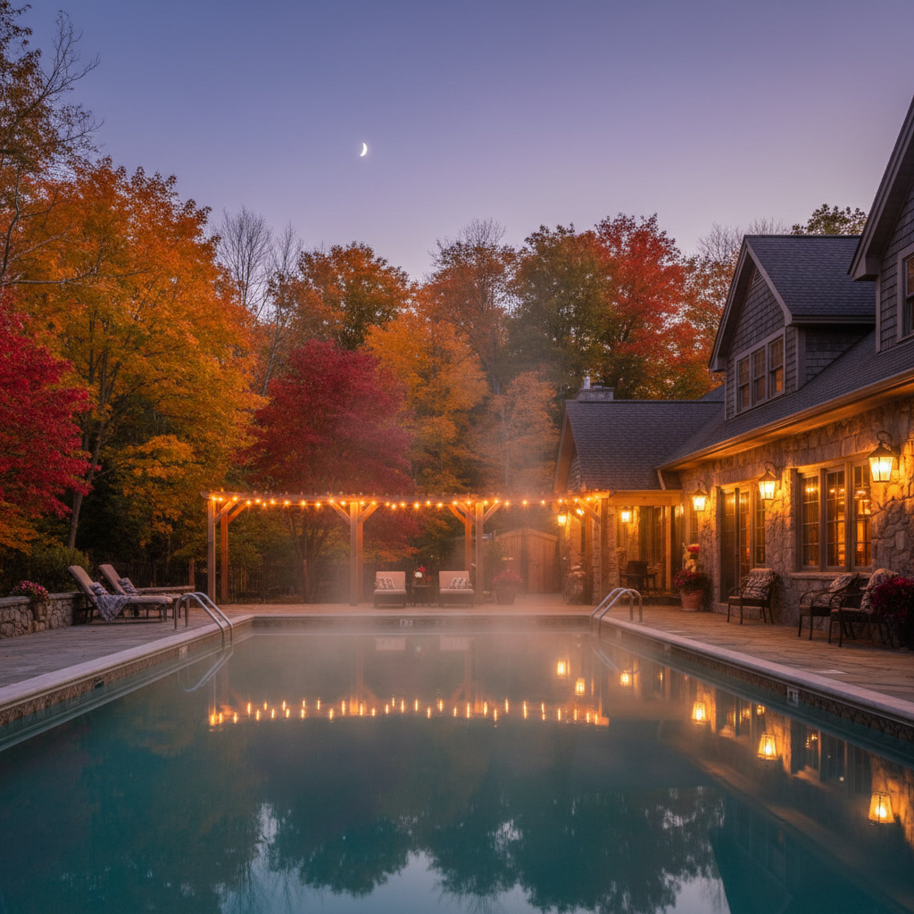 Outdoor heated pool at a family inn in the White Mountains with evening steam and autumn colors near Briarcliff Motel