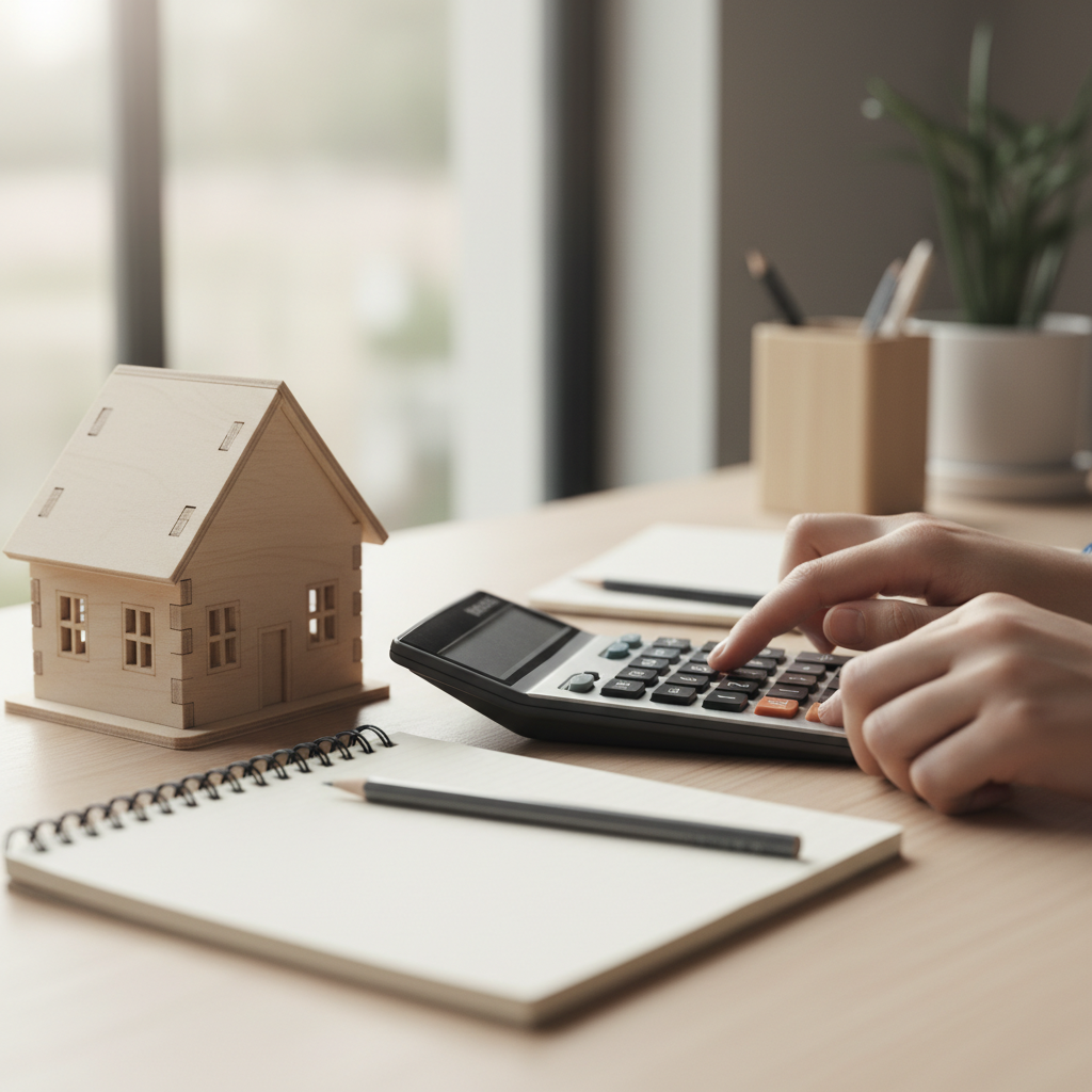 Using a mortgage down payment calculator with a house model and calculator side by side, illustrating hands-on planning for Edmonton home buyers
