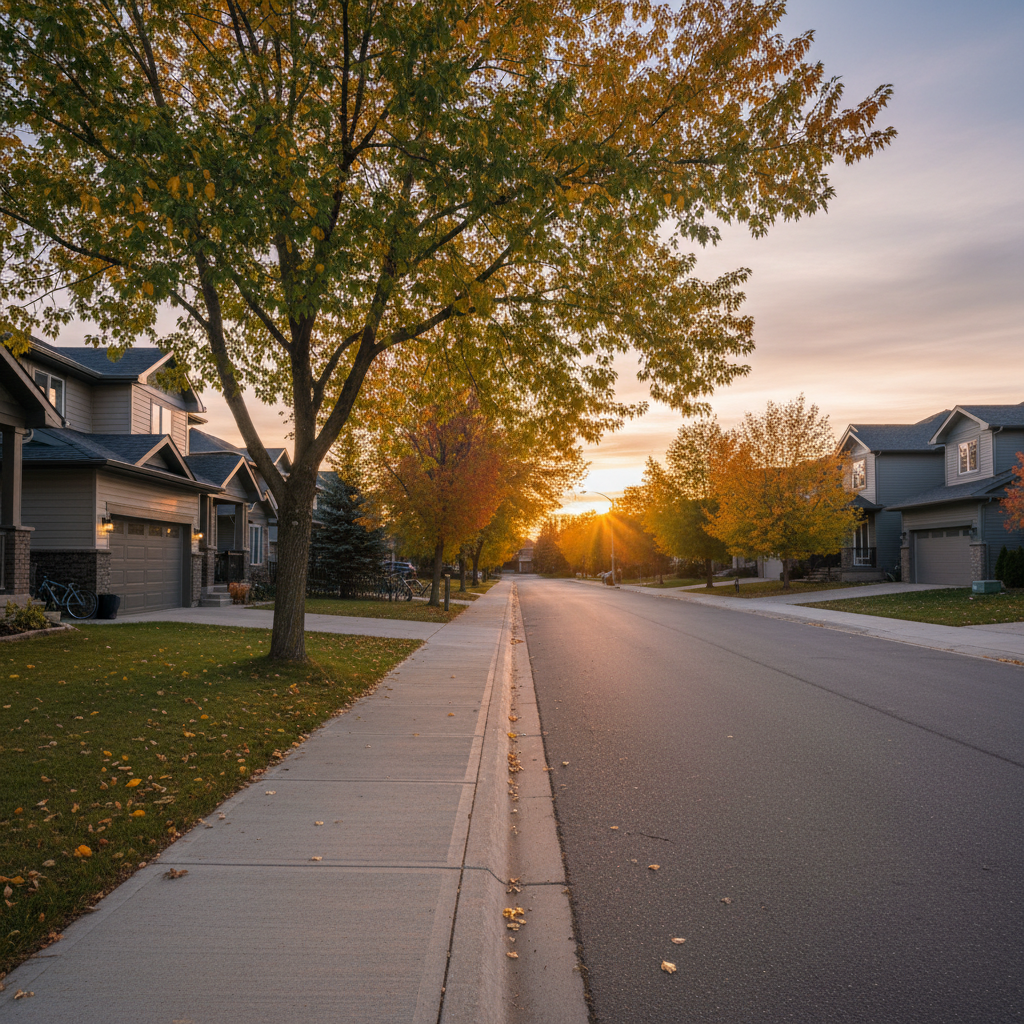Southeast Edmonton neighborhood scene at golden hour, illustrating the context for buyers using a down payment calculator to plan homes nearby