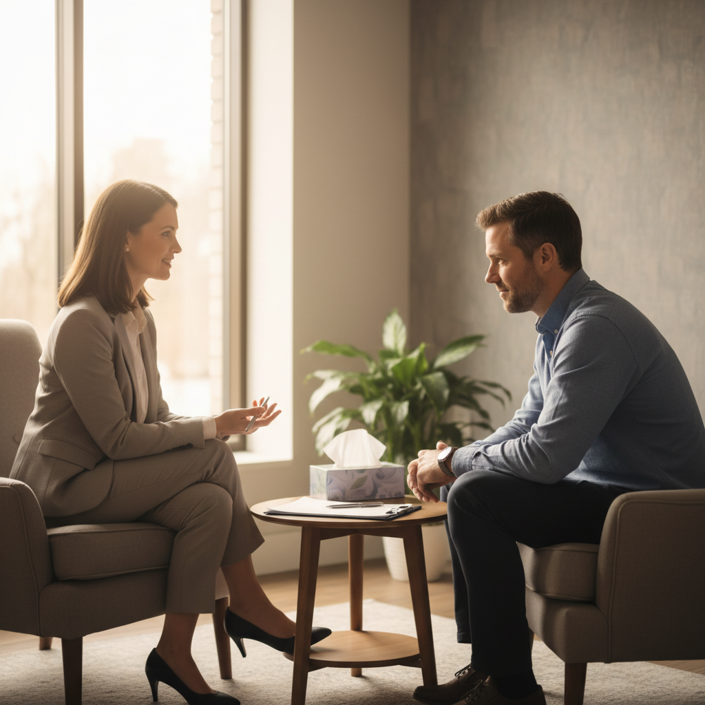 Private counseling session at a care clinic supporting addiction recovery with integrated mental health