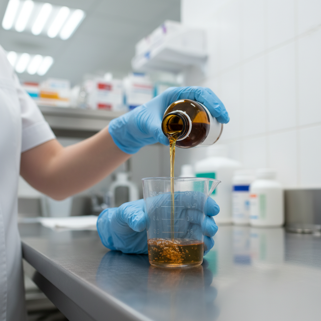 Close-up of methadone dose preparation at a care clinic dispensary for medication-assisted treatment