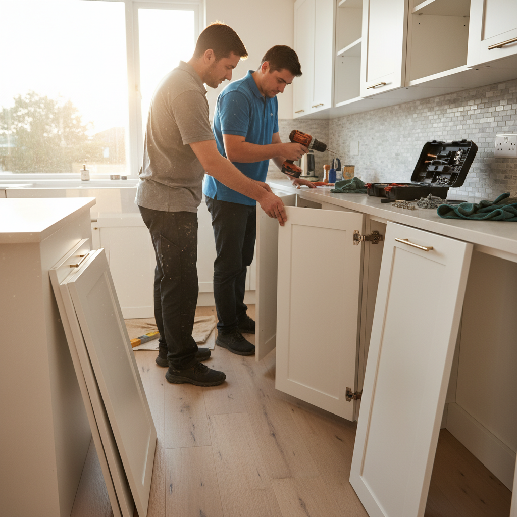 Technician reinstalling freshly refinished cabinet doors with soft-close hinges in a Toronto kitchen, aligning hardware and reveals