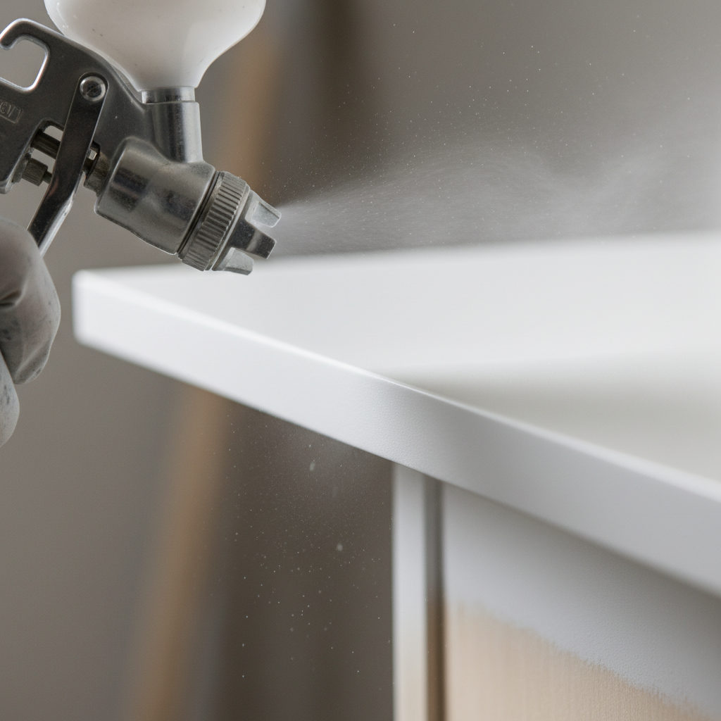 Close-up HVLP spray painting a cabinet door edge for kitchen cabinet refinishing in Toronto, showing smooth satin finish and fine atomization