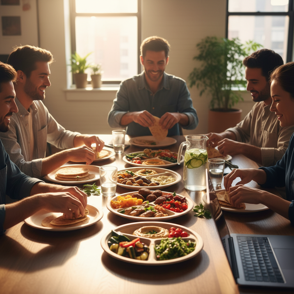 Toronto coworkers enjoying catered shawarma platters in a bright conference room